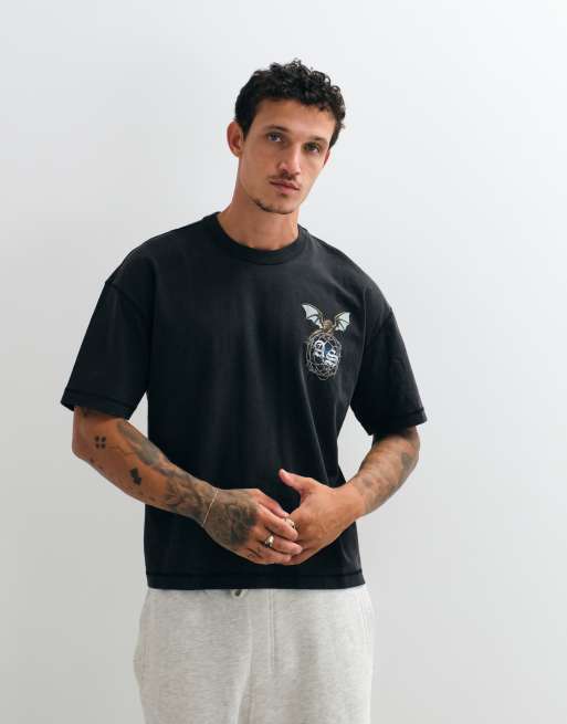 AllSaints Wyvern short sleeve graphic logo t-shirt with back print in washed black, 4 of 5