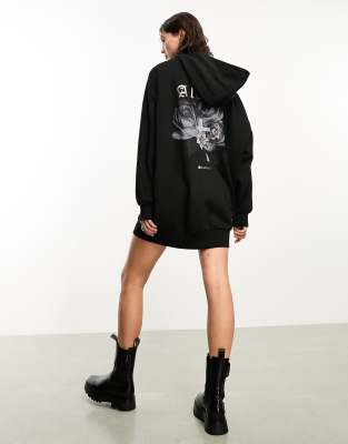 Allsaints X Asos Exclusive Back Graphic Hoodie Dress In Black