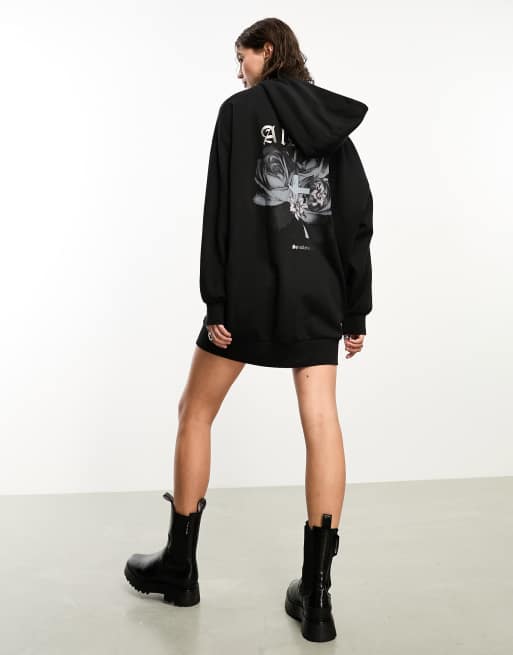 AllSaints x ASOS exclusive back graphic hoodie dress in black