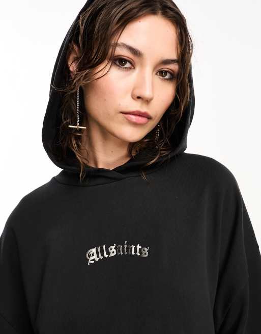 AllSaints x ASOS exclusive back graphic hoodie dress in black