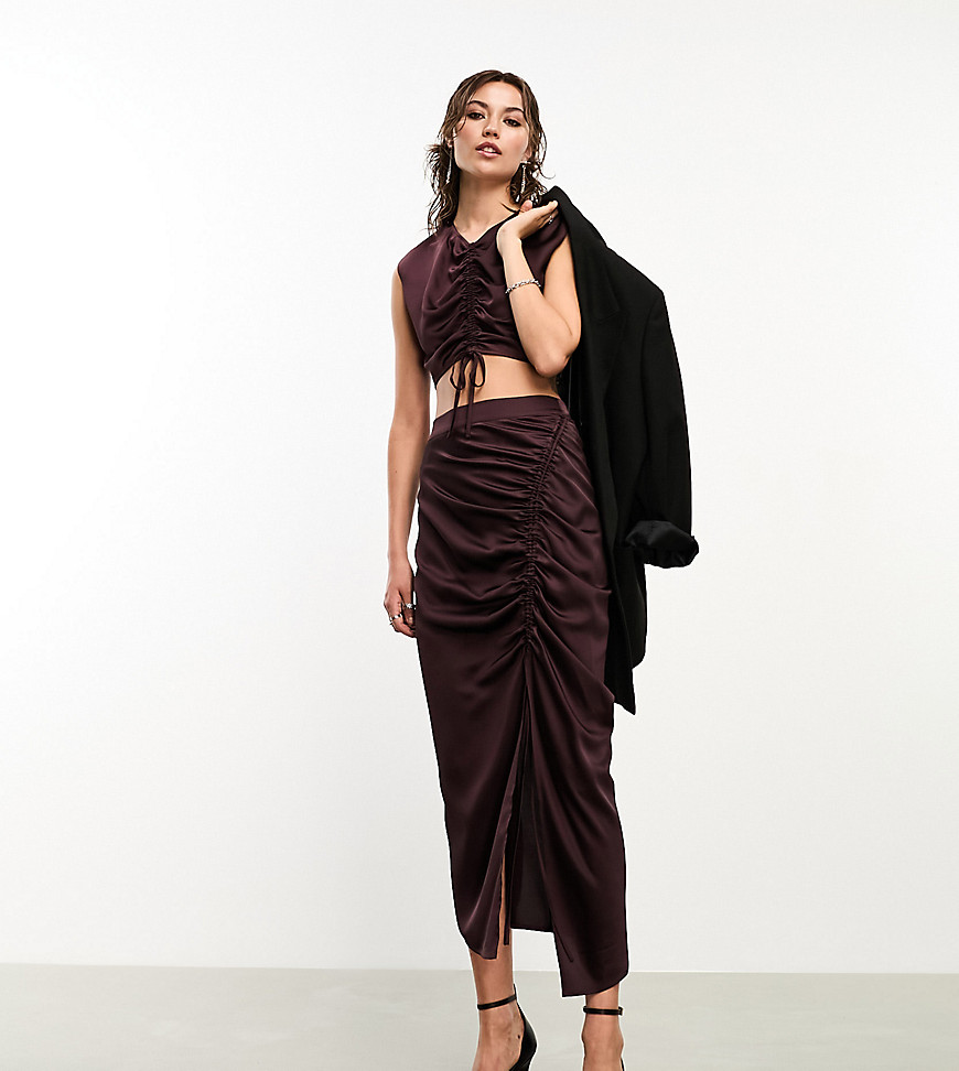 AllSaints x ASOS exclusive Carla co-ord rouched satin midi skirt in deep burgundy-Red
