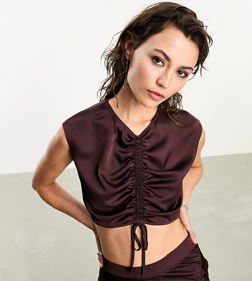 Allsaints X Asos Exclusive Carla Ruched Satin Top In Deep Burgundy - Part Of A Set-red