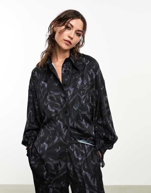 AllSaints x ASOS exclusive Charli satin shirt in black - part of a set