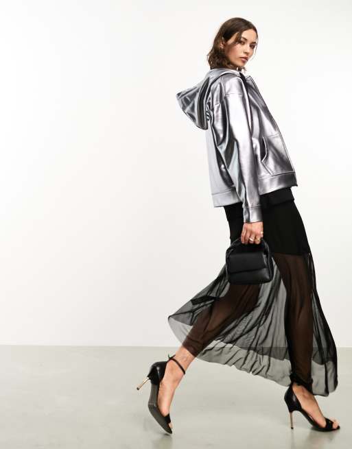 AllSaints x ASOS exclusive Chlo coated zip through hoodie in gunmetal, 3 of 4