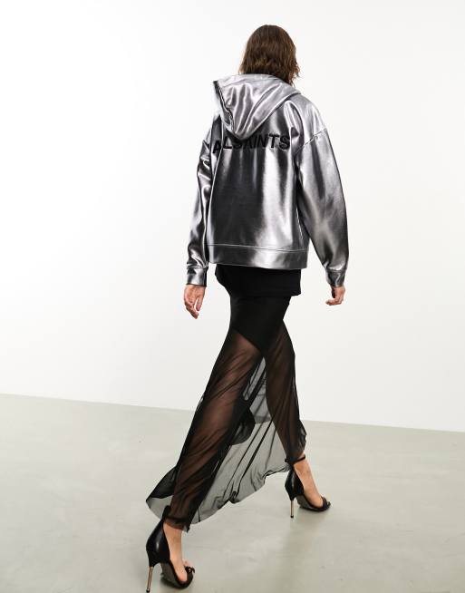 AllSaints x ASOS exclusive Chlo coated zip through hoodie in gunmetal, 4 of 4