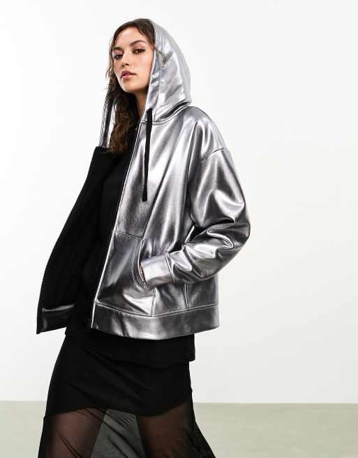 AllSaints x ASOS Exclusive – Chlo – Jasnoszara powlekana bluza z kapturem i zapięciem na zamek