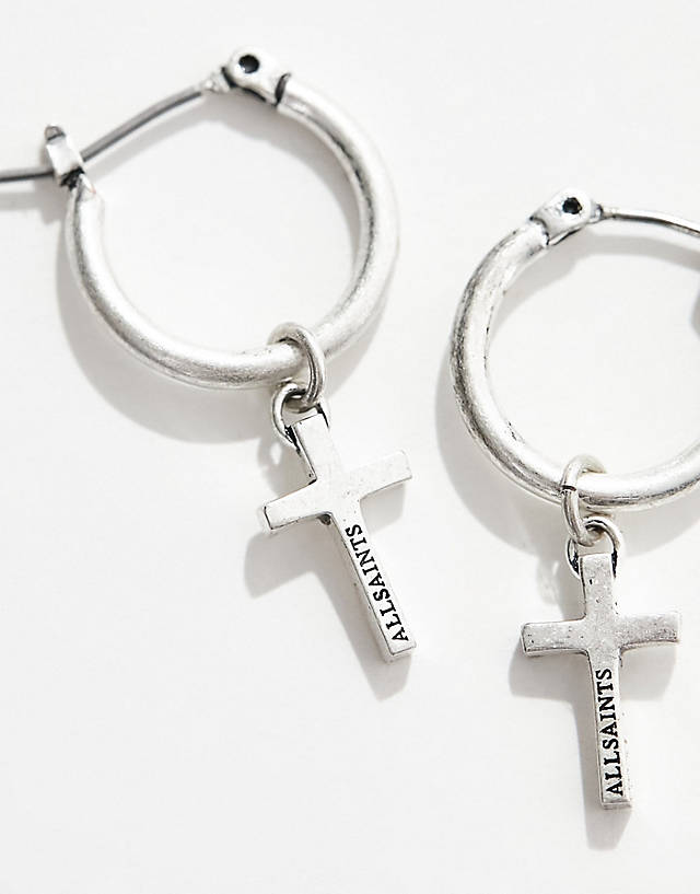 AllSaints - x asos exclusive cross pendant hoop earrings in silver