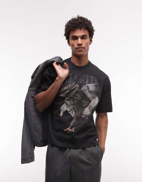 AllSaints x ASOS Exclusive eagle graphic vintage logo t-shirt in washed black - view 1