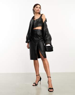 Allsaints X Asos Exclusive Faux Leather Midi Skirt In Black