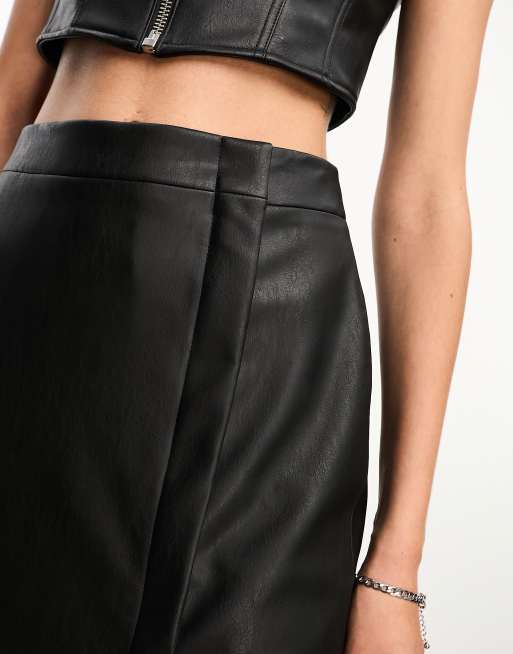 Pull&Bear faux leather split front midi skirt in black