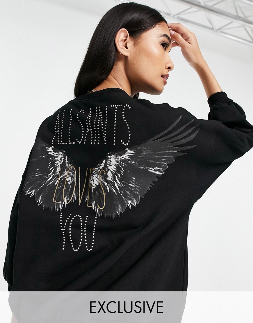 AllSaints x ASOS Exclusive Imogen 'loves you' wing oversized sweatshirt in black