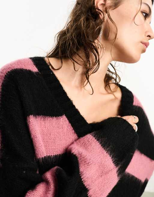 AllSaints x ASOS exclusive Lou v neck stripe jumper in black pink