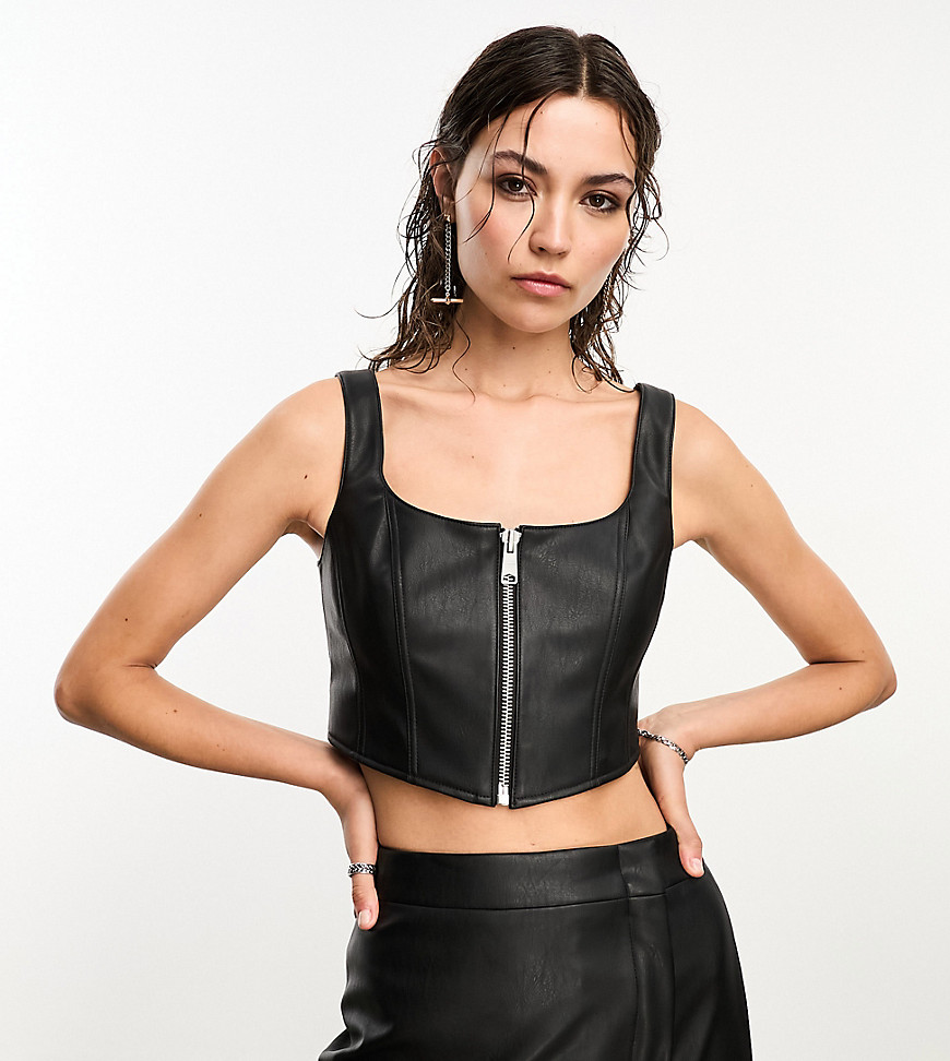 AllSaints x ASOS exclusive Odette faux leather zip through corset top in black
