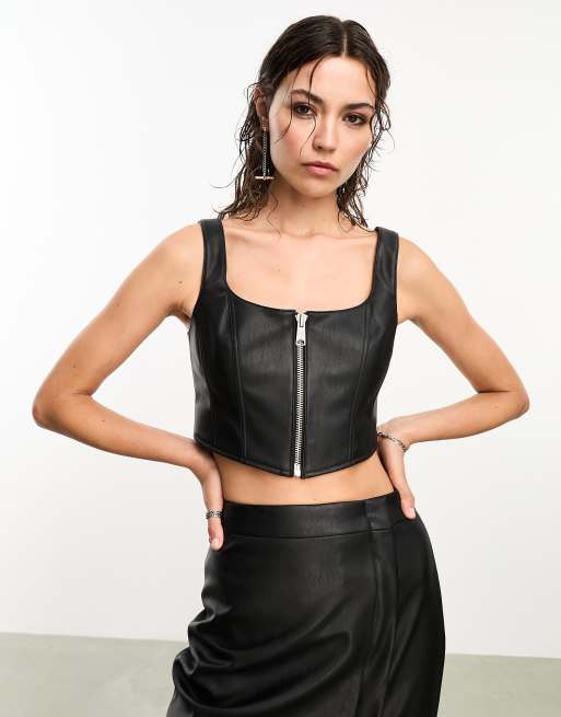 Shape Black Faux Leather Zip Detail Corset Top