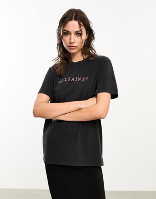 AllSaints x ASOS exclusive Pippa embroidered logo t-shirt in washed black - ASOS Price Checker