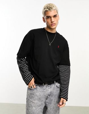 AllSaints x ASOS exclusive Sosa layered stripe sleeve t-shirt in black