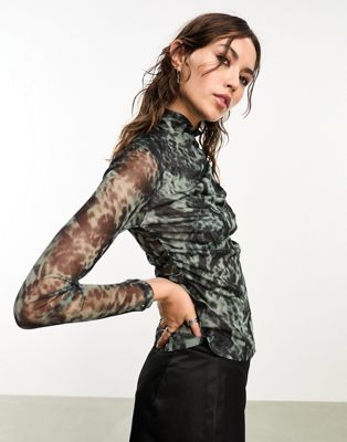 AllSaints x ASOS exclusive Tia mesh long sleeve turtle neck top in black/sage - ASOS Price Checker