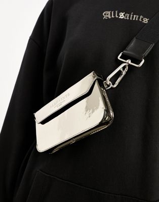AllSaints x ASOS exclusive Zoe cross body bag in coated silver