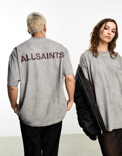 AllSaints x ASOS – Exklusivt – Tyler – Grå, urtvättad unisex-t-shirt i oversize med logga