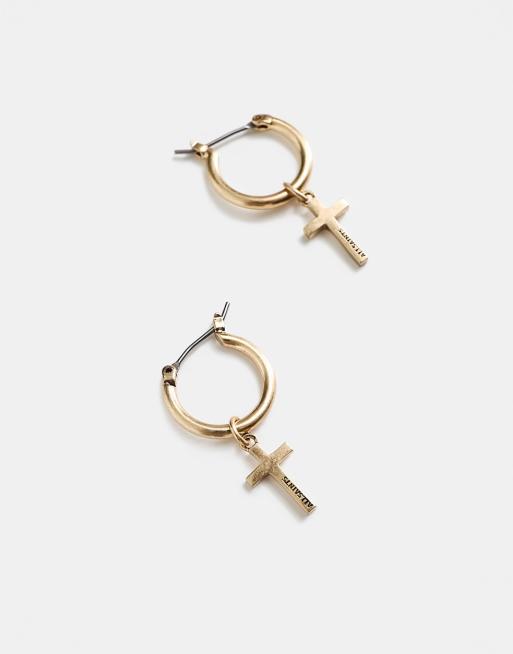 AllSaints x ASOS - Guldfarvede hoop-øreringe med korsvedhæng - Kun hos ASOS