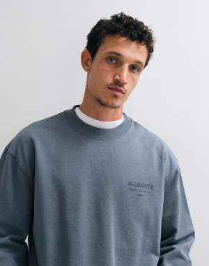 AllSaints Xander flocked logo crew sweatshirt in grey blue