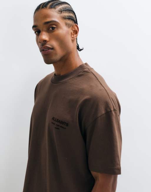 AllSaints Xander short sleeve flocked graphic logo t-shirt in brown, 2 of 5