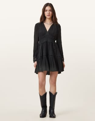AllSaints - Xanthe - Langärmliges Minikleid in Schwarz