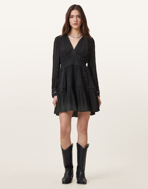 AllSaints – Xanthe – Langärmliges Minikleid in Schwarz
