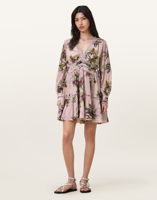 AllSaints – Xanthe – Langärmliges Minikleid in zartem Adena-Rosa