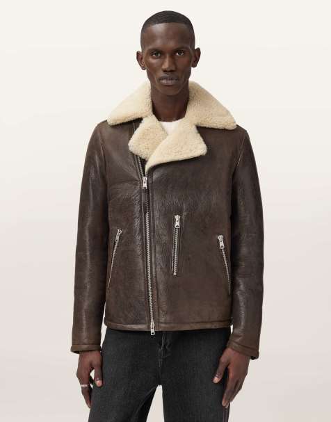 AllSaints – Xylon – Bikerjacke in Rindenholzbraun mit Lammfellbesatz - view 1