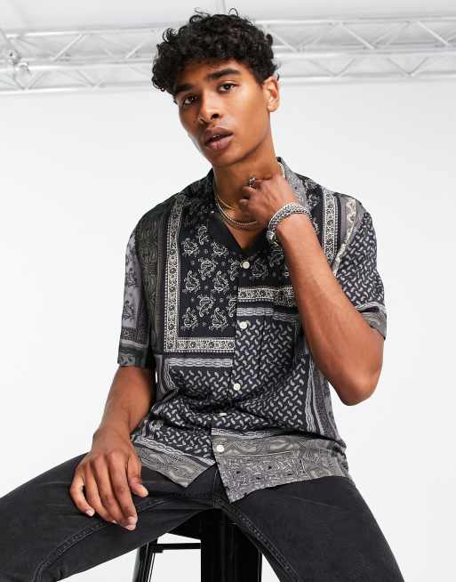 Allsaints Emblem Geo Print Regular Fit Camp Shirt In Blue