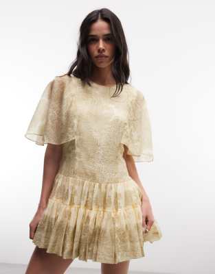 Yanna - Kurzärmliges, hochgeschlossenes Minikleid in Grün mit Rüschen und Blumenmuster Grün 36