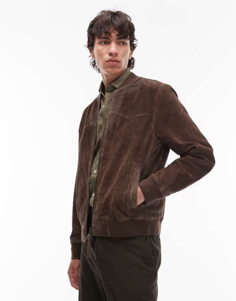 AllSaints Zealand suede bomber jacket in brown - view 1