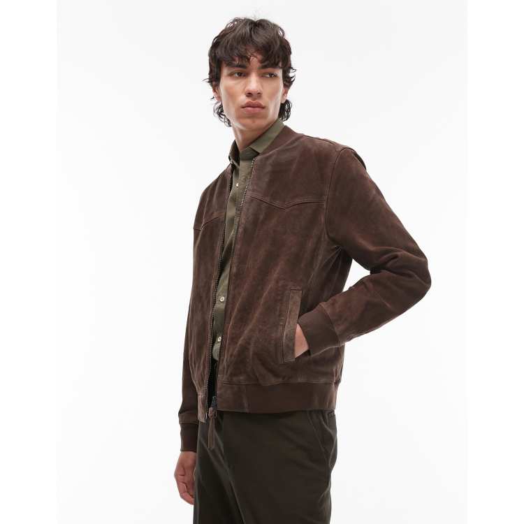 AllSaints Zealand suede bomber jacket in brown | ASOS