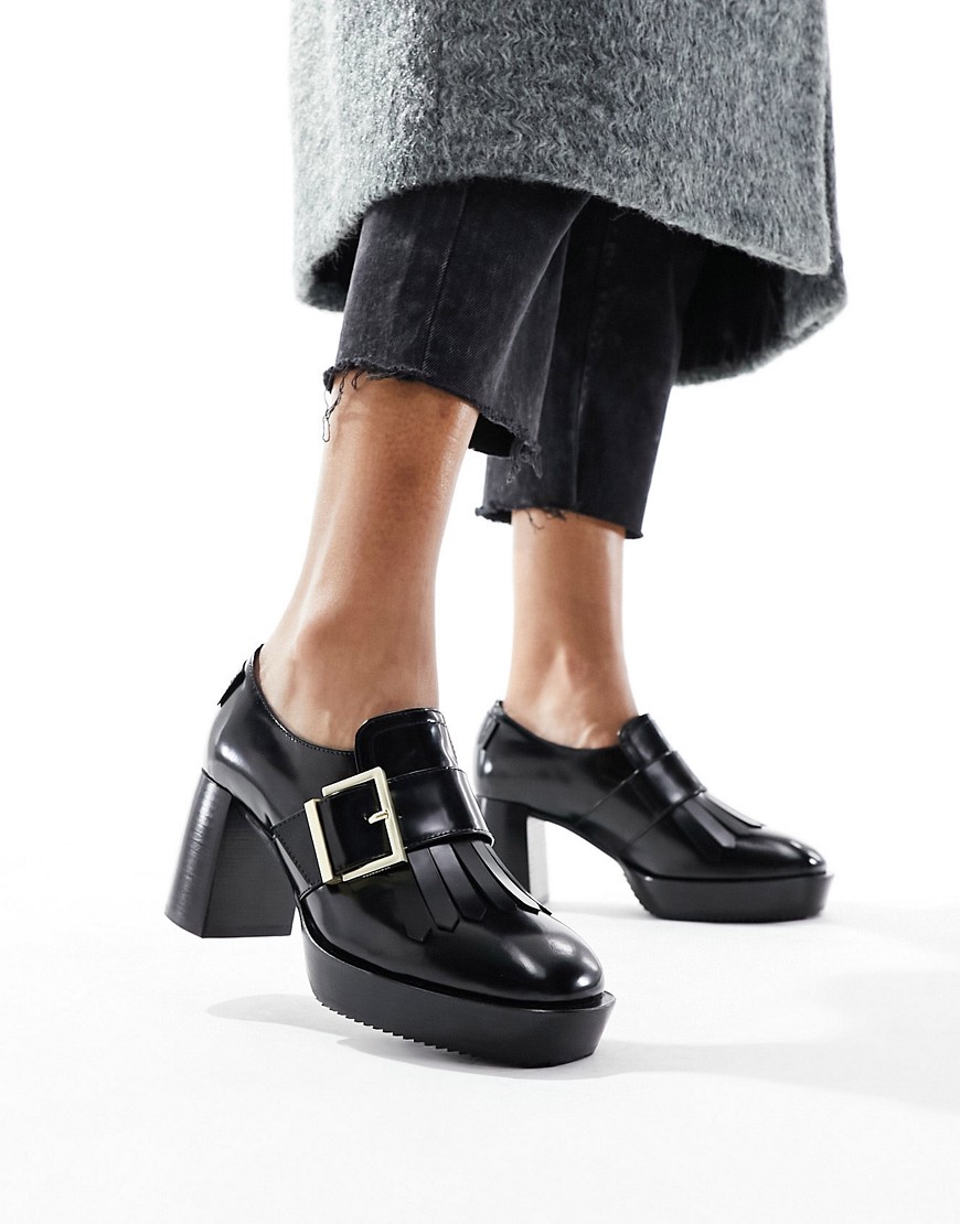 AllSaints Zia high shine leather heeled loafer in black