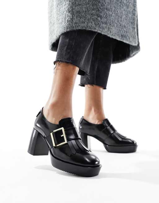 AllSaints Zia high shine leather heeled loafer in black | ASOS