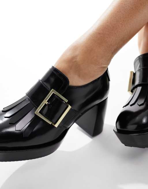 Black leather heeled loafers 2024 womens