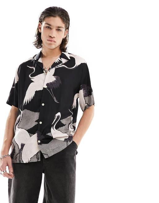 AllSaints - Zikano - Camicia a maniche corte con grafica nera e bianca