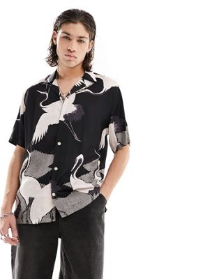 AllSaints Zikano short sleeve graphic shirt in black and white - ASOS Price Checker