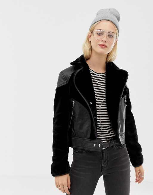 AllSaints Zola leather jacket with faux fur panels | ASOS