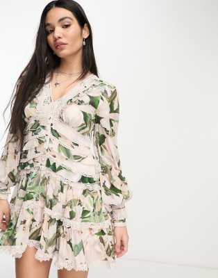 AllSaints Zora Alessandra mini dress in pink and green floral - ASOS Price Checker