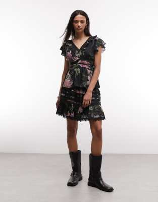 AllSaints Zora co-ord ruffle lace floral mini skirt in black