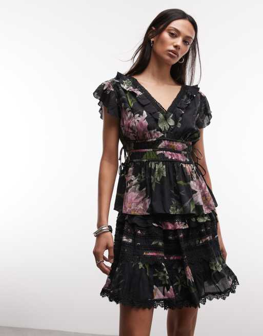 AllSaints Zora co-ord ruffle lace floral mini skirt in black, 2 of 5