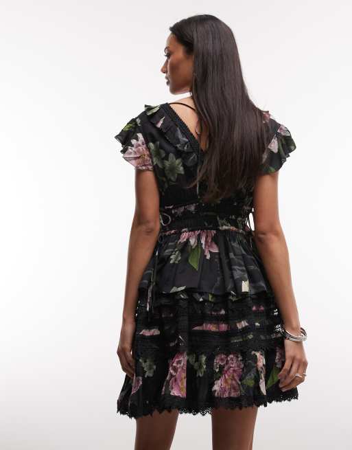 AllSaints Zora co-ord ruffle lace floral mini skirt in black, 4 of 5