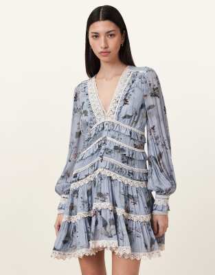 AllSaints - Zora - Kleid in Origin-Blau mit Vogelmuster