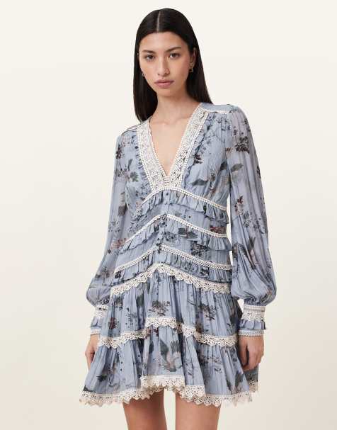 AllSaints – Zora – Kleid in Origin-Blau mit Vogelmuster - view 1