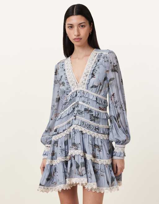 AllSaints – Zora – Kleid in Origin-Blau mit Vogelmuster