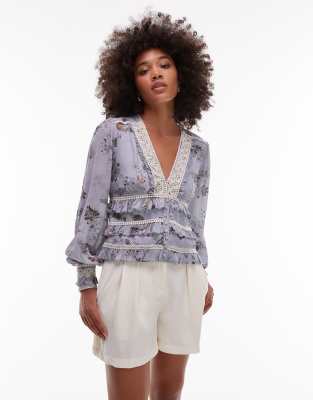 Allsaints Zora Lace Trim Top In Blue