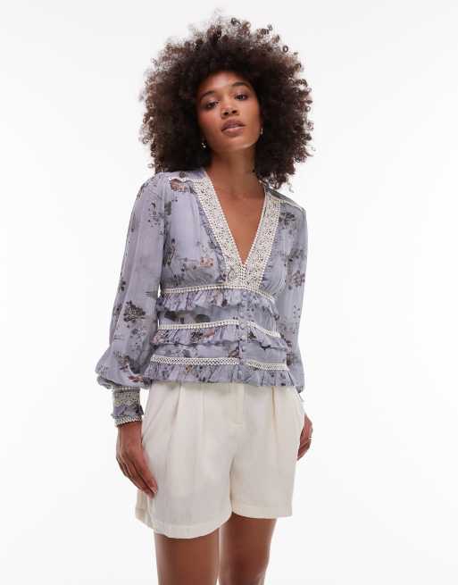 AllSaints Zora lace trim top in pastel floral - LBLUE
