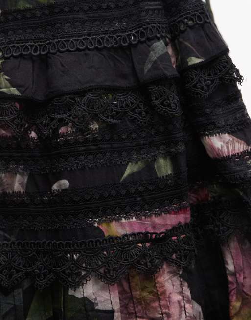 AllSaints - Zora - Mini-jupe d'ensemble à fleurs et volants en dentelle - Noir, 3 de 5